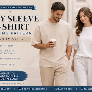 Boxy Sleeve T-Shirt Sewing Pattern, Oversized Relaxed Fit, Unisex (XS-5XL) PDF