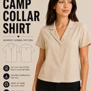 以下が含まれることがあります： キャンプカラーシャツのPDF型紙。テキストは次の通りです：PDF SEWING PATTERN, CAMP COLLAR SHIRT, WOMEN'S SEWING PATTERN, A0, A4, US LETTER MULTI-SIZE PATTERN, INSTANT DOWNLOAD PDF FILE, PRINT AT HOME OR COPY SHOP, STEP-BY-STEP INSTRUCTIONS.