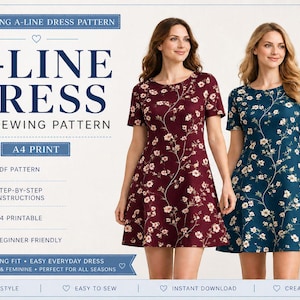 A-Line Dress Sewing Pattern, Beginner Friendly, Short Sleeve, PDF Download (XS-5XL)