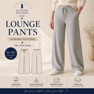 May include: A woman wearing gray lounge pants with a drawstring waist. The image includes a sewing pattern graphic with the text "LOUNGE PANTS" and "SEWING PATTERN". The pattern is available in sizes XS-3XL and is a PDF download.