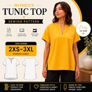 May include: A sewing pattern for a tunic top with a notch neckline and short sleeves. The graphic displays the text WOMEN'S TUNIC TOP SEWING PATTERN, a size range of 2XS-3XL, and technical line drawings showing the front and back of the garment.