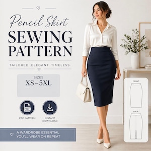 May include: A navy blue pencil skirt sewing pattern with the text "Pencil Skirt SEWING PATTERN". The pattern includes sizes XS-5XL and is available as a PDF with instant download. The image also shows a woman wearing the skirt.