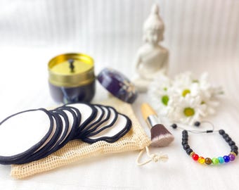 Reusable Cotton Pads Set with Chakra Bracelet, Makeup Brush | Eco-Friendly Self Care Kit