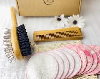 Cepillo para el cuidado del perro y peine de bambú / Discos desmaquillantes reutilizables para ella / Regalo para amantes de las mascotas