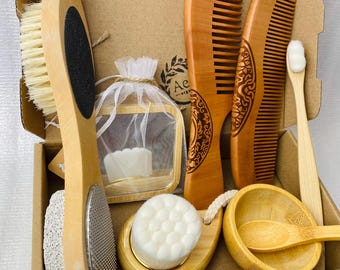 Set de cuidado para cabello liso para chicas, peine de madera, cepillo exfoliante facial, recipiente para mascarillas, exfoliante para pies, espejo, ecológico, regalo sostenible