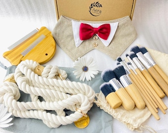 Dog Cotton Rope Leash, Bandana Collar with Bow Tie, Organic Dog Accessories. Makeup brush for Pet Lover Gift