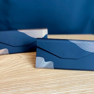 Puede incluir: Dos estuches rectangulares para gafas de color azul oscuro con cierre de solapa en punta. Cada estuche presenta un patrón topográfico o de ondas de líneas finas blancas impreso en el lado izquierdo y en la esquina superior derecha.