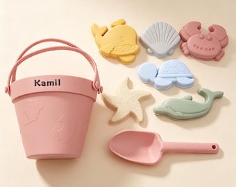 Personalisierte Strand Spielzeug Set | Silikon Sandeimer mit Name | Kleinkind Sommer Geschenk, Kinder Geburtstagsgeschenk, Outdoor-Spielzeug