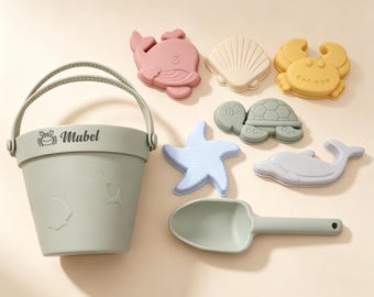 Juego de juguetes de playa de silicona personalizados / Cubo de arena con nombre personalizado para niños / Juguete de verano para niños pequeños, regalo de cumpleaños, juego de exterior