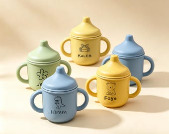 Vaso de silicona personalizado con boquilla / Vaso de aprendizaje para bebés grabado con nombre / Regalo para el primer cumpleaños de un niño pequeño, regalo para baby shower