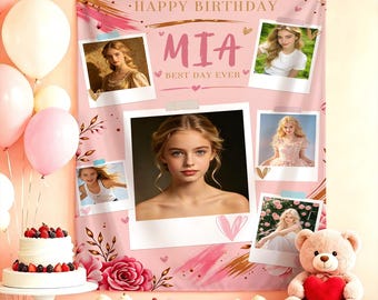 Gepersonaliseerde verjaardag fotocollage tapijt, aangepaste naam verjaardagsbanner, feestachtergrond, achtergronddecoratie fotohokje
