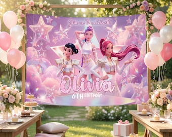 Personalisierte Huntrix Geburtstag Kulisse, Kpop inspiriert Dämonenjäger Anime Banner, Rumi Mira Zoey Party Foto Hintergrund, Mädchen Raum Dekor