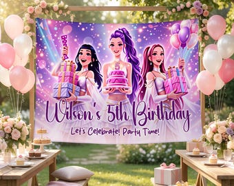 Striscione di compleanno personalizzato ispirato al K-Pop, sfondo personalizzato per feste di compleanno per ragazze, accessorio scintillante per photo booth a tema idol, decorazione per feste con nome ed età.