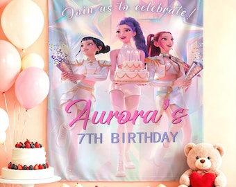 Kpop Inspired Demon Hunter Custom Birthday Tapestry, Personalized Huntrix Party Backdrop, Rumi Mira Zoey Anime Girl Birthday Decor