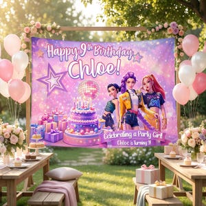 May include: A birthday party scene with a banner that reads "Happy 9th Birthday Chloe!" and "Celebrating a Party Girl!" The banner features illustrations of three girls, a cake, and gifts. Pink and white balloons and floral arrangements decorate the outdoor setting.