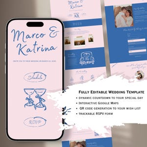 Puede incluir: Una plantilla digital de invitación de boda que se muestra en un teléfono inteligente y una página web. La invitación presenta los nombres "Marco & Katrina" en escritura azul, con detalles e información de RSVP. La plantilla incluye un horario, opciones de RSVP y un diseño totalmente editable.