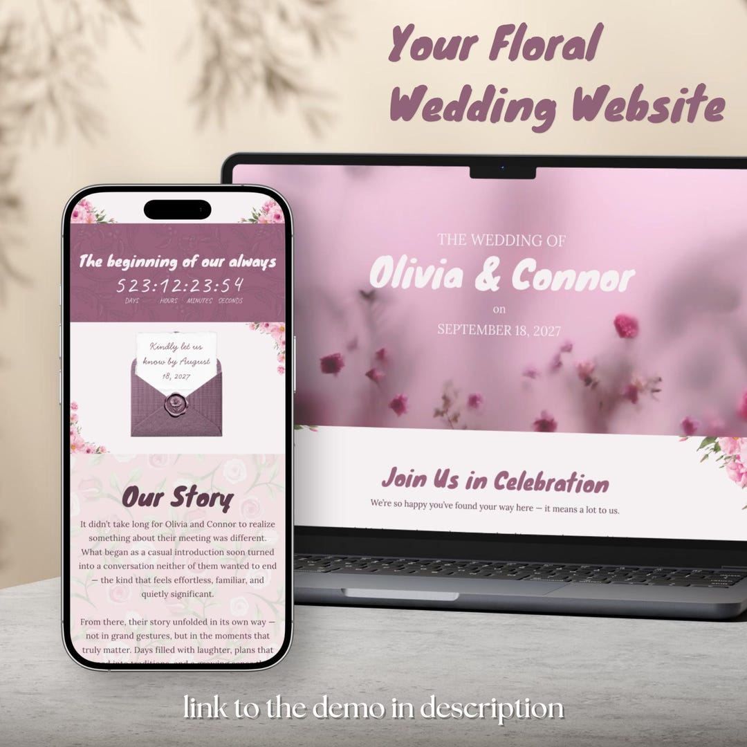Pink Floral Wedding Website Template Canva, Editable Site With RSVP