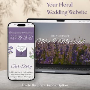 May include: A smartphone and laptop display a floral wedding website. The phone shows a countdown, an invitation graphic, and the words "Our Story." The laptop displays "The Wedding of Nika & Marshall" over a lavender field image. Text reads "Your Floral Wedding Website."
