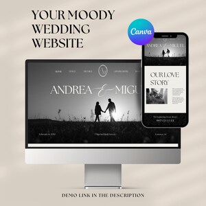 Puede incluir: Un monitor de ordenador y un smartphone que muestran un diseño de sitio web de bodas. El sitio web presenta una imagen en blanco y negro de una pareja. El texto incluye "ANDREA & MIGUEL" y "OUR LOVE STORY".