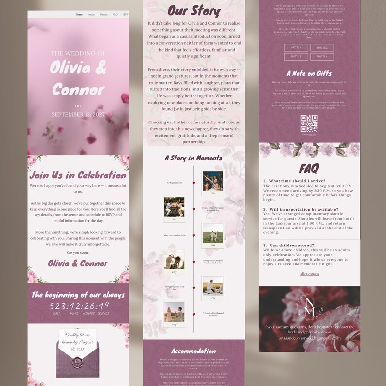 Pink Floral Wedding Website Template Canva, Editable Site With RSVP