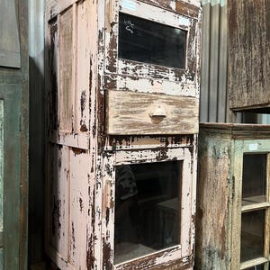 Vintage Distressed Wooden Cabinet, Chippy Pink Patina, Glass Door Display Cupboard (45x47x119cm)