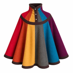 May include: A colorful, rainbow-striped cape with a high collar and three button closures. The cape features panels of red, orange, yellow, gray, blue, and purple, trimmed with brown edging. This outerwear garment is designed for warmth and style.
