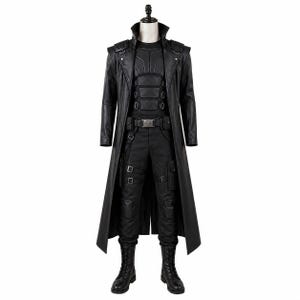 May include: A full black costume displayed on a mannequin. The outfit includes a long leather coat, a tactical vest, black pants with multiple pockets and straps, a belt, a black shirt, and black combat boots.