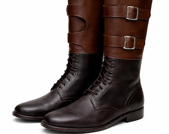 Handmade Two Tone Leather Knee High Boots - Lace Up Buckle Riding Cosplay