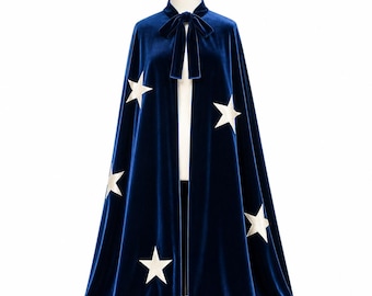 Capa de terciopelo azul con estrellas, capa de mago, capa de fantasía, capa celestial, disfraz de Halloween, capa de cosplay, capa medieval unisex
