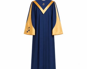 May include: A navy blue choir robe with gold accents. The robe features a gold V-shaped yoke, gold sleeves, and a small emblem near the neckline. A musical note is on the sleeve. The robe is displayed on a wooden mannequin.