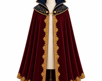 Königlicher Umhang aus Samt, bestickter Kragen | Fantasy Kapuzen Cape, Mittelalterliches Cosplay Kostüm