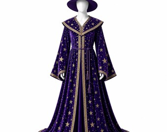 May include: A purple velvet wizard costume with gold star and trim details. The costume includes a long robe, a matching hat, and a belt. The robe has wide sleeves and a long train. The hat has a pointed top.