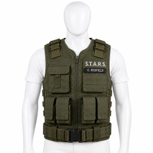 May include: An olive green tactical vest featuring multiple utility pockets, a front zipper closure, and a black belt with a buckle. The chest area displays the white text S.T.A.R.S. above a black patch with the white embroidered name C. REDFIELD.