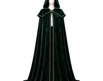 Emerald Green Velvet Hooded Cloak, Medieval Fantasy Cape, Renaissance Costume Robe