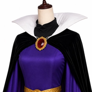 May include: A costume featuring a purple dress with a high black mock neck and a long black velvet cape. The cape has a large, stiff white stand-up collar and is fastened at the neck with a gold-toned oval brooch containing a large red gem.