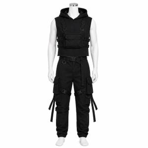Svart Techwear taktisk väst cargobyxor set | Cyberpunk Streetwear-outfit