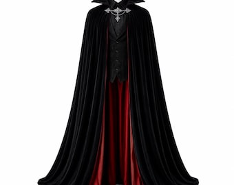 Dracula Vampire Gothic Cape Cloak, Black Velvet Cape with Red Satin Lining, Medieval Vampire Costume, Halloween Cosplay Cloak