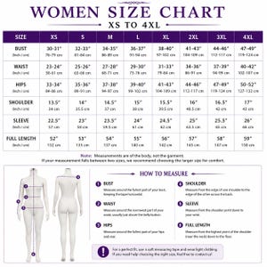 May include: A size chart for clothing ranging from XS to 4XL, featuring a table with bust, waist, hips, shoulder, sleeve, and full length measurements in inches and centimeters. Includes a diagram showing how to measure body points for fit.