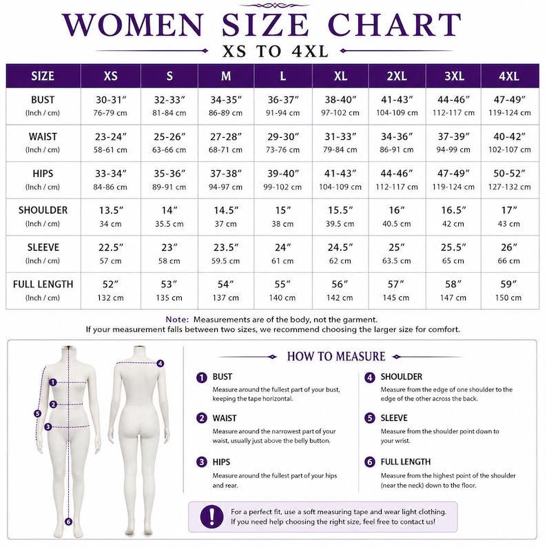 May include: A size chart for clothing ranging from XS to 4XL, featuring a table with bust, waist, hips, shoulder, sleeve, and full length measurements in inches and centimeters. Includes a diagram showing how to measure body points for fit.
