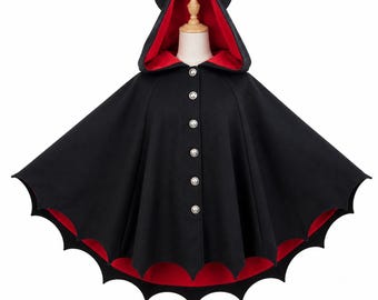 Bat Wing Hooded Cape, Devil Horn Hood, Gothic Vampire Cloak, Red Lined Costume