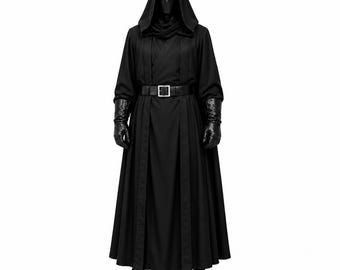 May include: A full-length black hooded robe featuring a wrap-style front, long sleeves, and a wide black belt with a silver-toned buckle. The ensemble includes black leather-textured gloves and a smooth black face mask covering the head and neck.