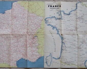 Vintage Tourist Map of France -- early 1950s -- 15.25" x 30"