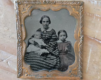 Antique Victorian Daguerreotype Portrait of Mother and 2 children --  c. approx. 1850 Original Gilt Brass Mat