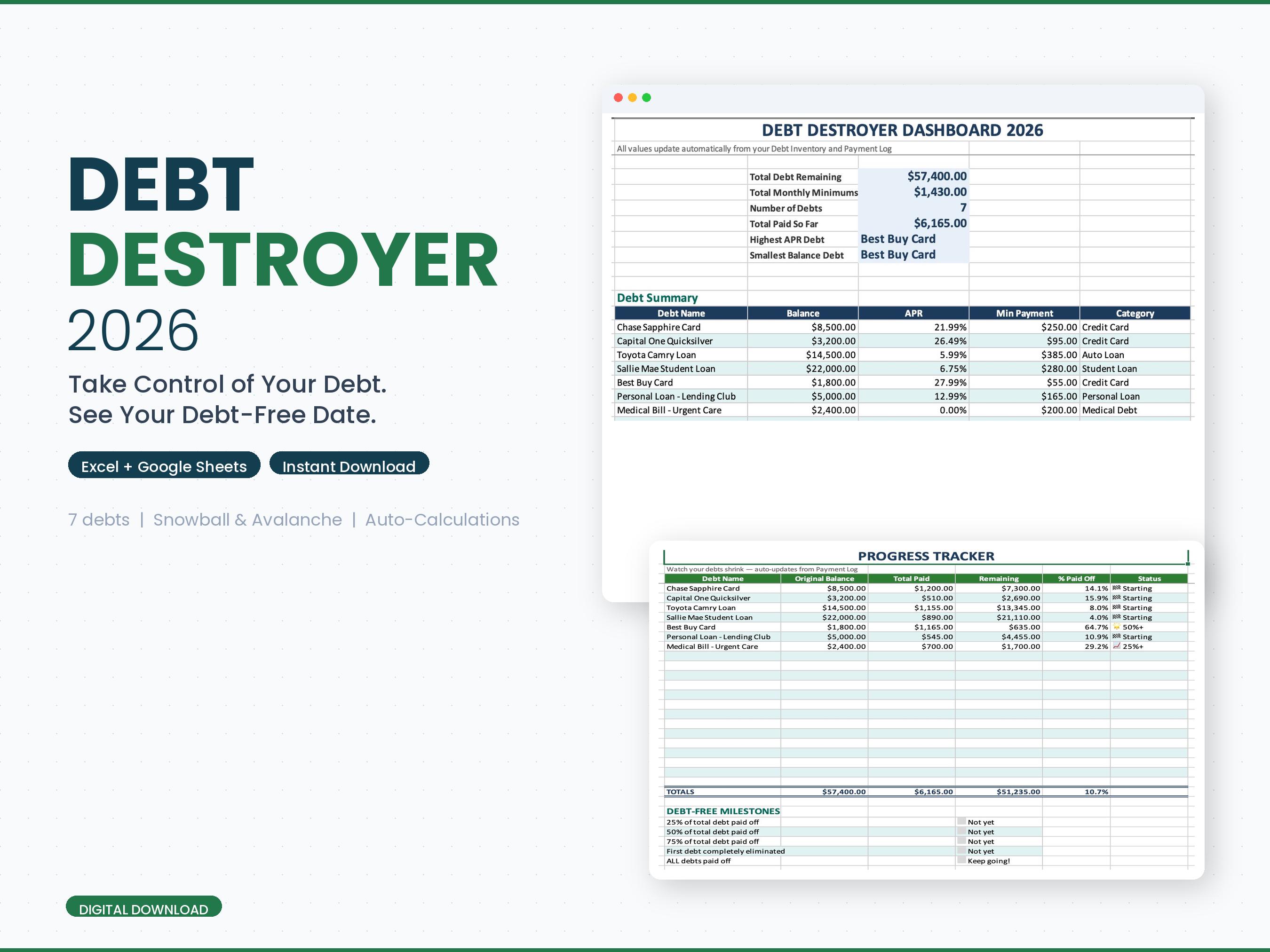 Debt Destroyer 2026 Spreadsheet, Excel, Google Sheets, Snowball ...