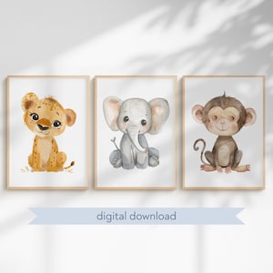 Set di 3 poster di animali della savana per camerette, disegni murali ad acquerello di cuccioli di animali, elefante, leone, scimmia, stampe neutre in stile boho per la cameretta, set stampabile