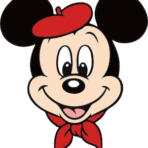 Op de afbeelding: Een cartoon illustratie van Mickey Mouse met een rode baret en een rode sjaal. Het personage heeft een glimlachende uitdrukking, zwarte oren en een lichte huidskleur. Een klassiek Disney-ontwerp.
