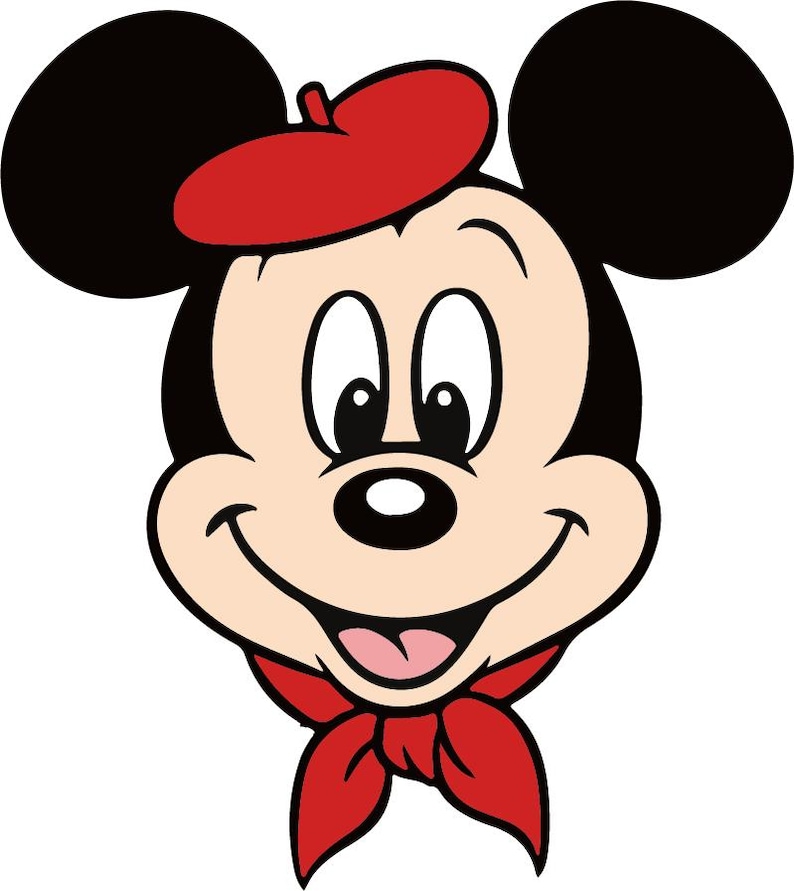 Op de afbeelding: Een cartoon illustratie van Mickey Mouse met een rode baret en een rode sjaal. Het personage heeft een glimlachende uitdrukking, zwarte oren en een lichte huidskleur. Een klassiek Disney-ontwerp.