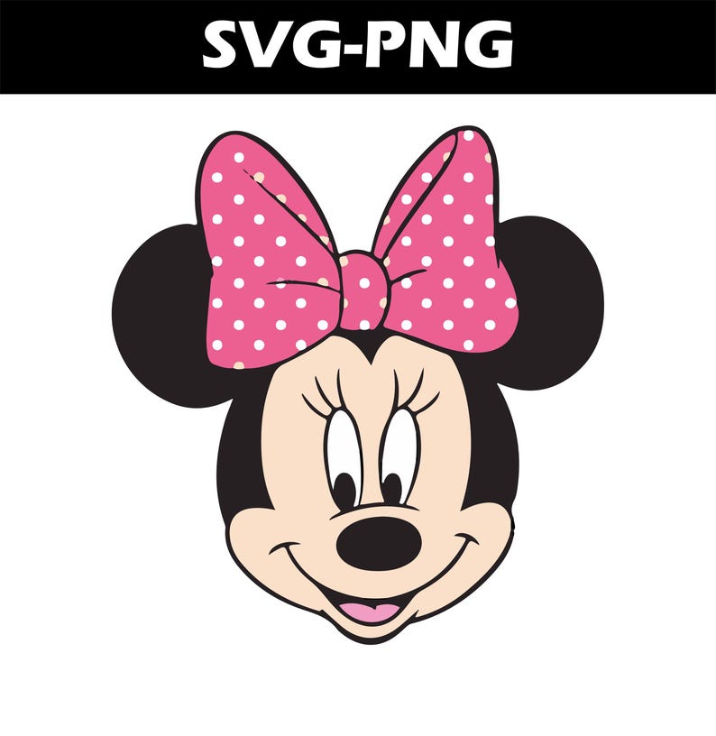 May include: A cartoon illustration of Minnie Mouse's face. The character has black ears, a light skin tone, and a pink bow with white polka dots. The image has the text "SVG-PNG" in white at the top.