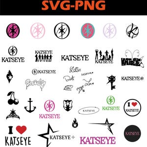 May include: A collection of digital graphic designs featuring the text KATSEYE, various star-themed logos, silhouettes of a group, signatures, and icons including a cherry, anchor, shield, and hearts, presented in black, pink, teal, and green.