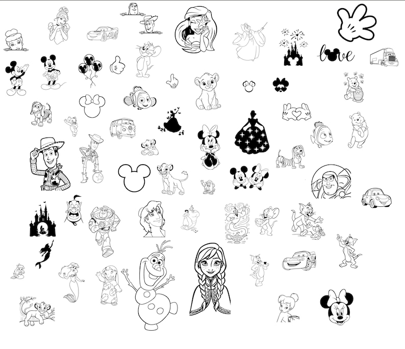 May include: A collection of black and white line art illustrations of various Disney characters and icons, including Mickey Mouse, Minnie Mouse, princesses, and other recognizable figures. The word "love" is also included.